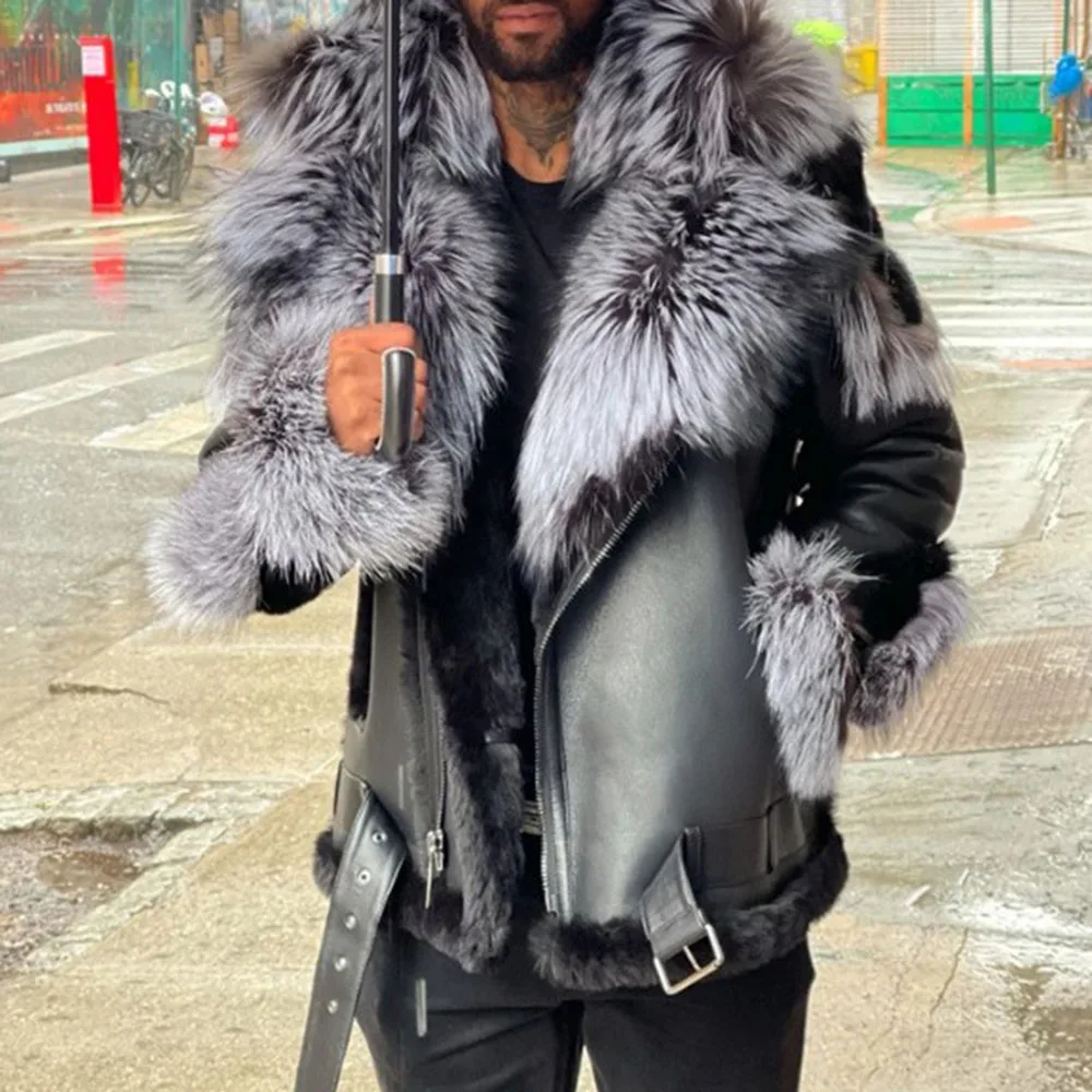 

Mens Leather Jacket 2021 Autumn Winter New Fashion Temperament Casual Plus Velvet Thicken Fur Collar Long Sleeve PU Mens Jacket