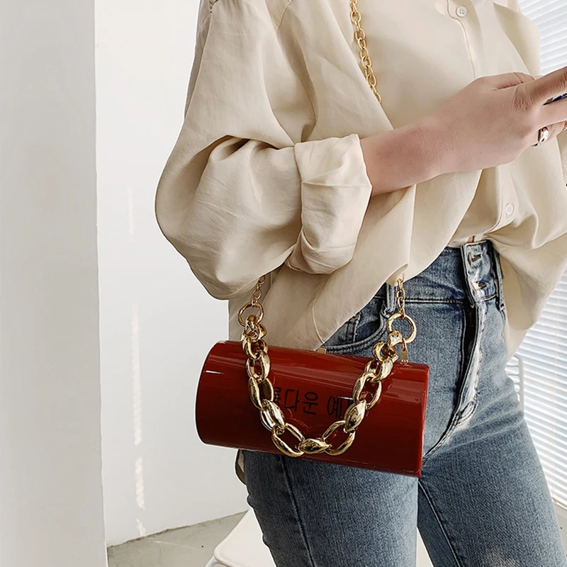 

Barrel-Shaped Designer Korean Acrylic Chains Shoulder Purses Mini Letter Hand Bags Luxury Women Small 2021 Summer PVC Handbags
