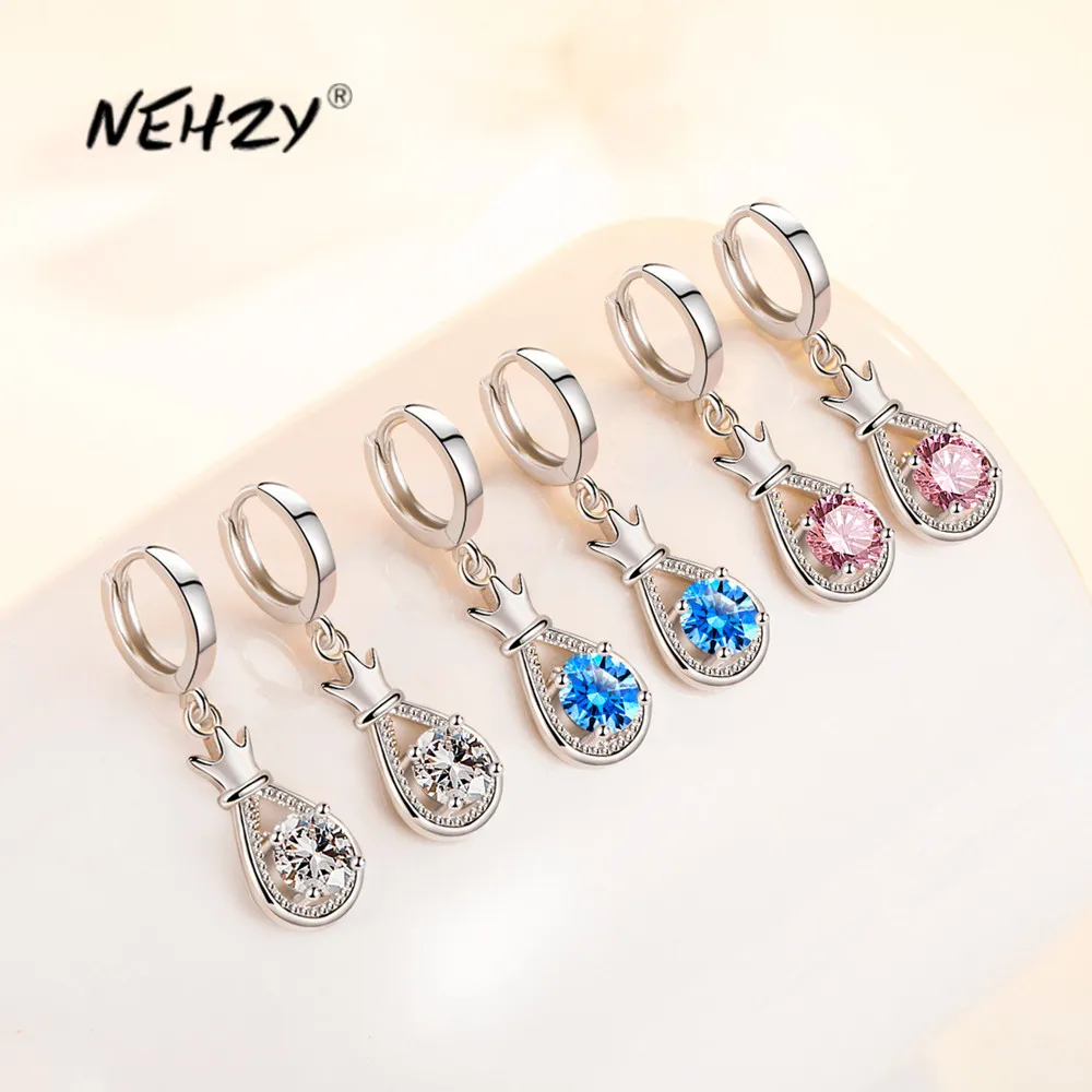 

NEHZY S925 Stamp New Women's Fashion Jewelry High Quality Blue Pink Cubic Zirconia Crown Earrings Mid-length Earrings
