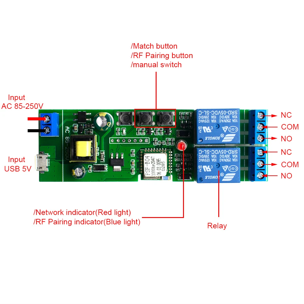 

eWeLink WiFi 2 Channel Relay Smart Switch DC7-32V/AC85-250V Voice Control Module Self-locking Inching Google Home Alexa