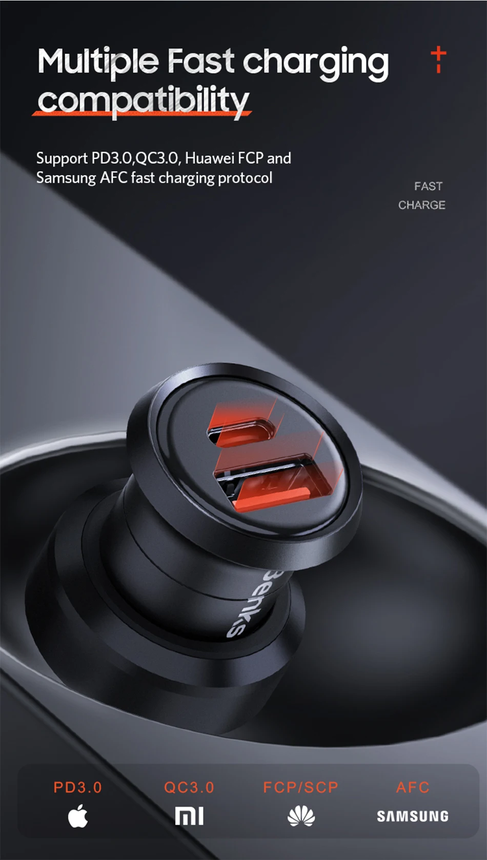Benks Car Charger Dual Port PD QC 4.0 30W Type C Fast Charging Charger Quick Charge 3.0 For iphone 11 Pro Sumsung Huawei Xiaomi