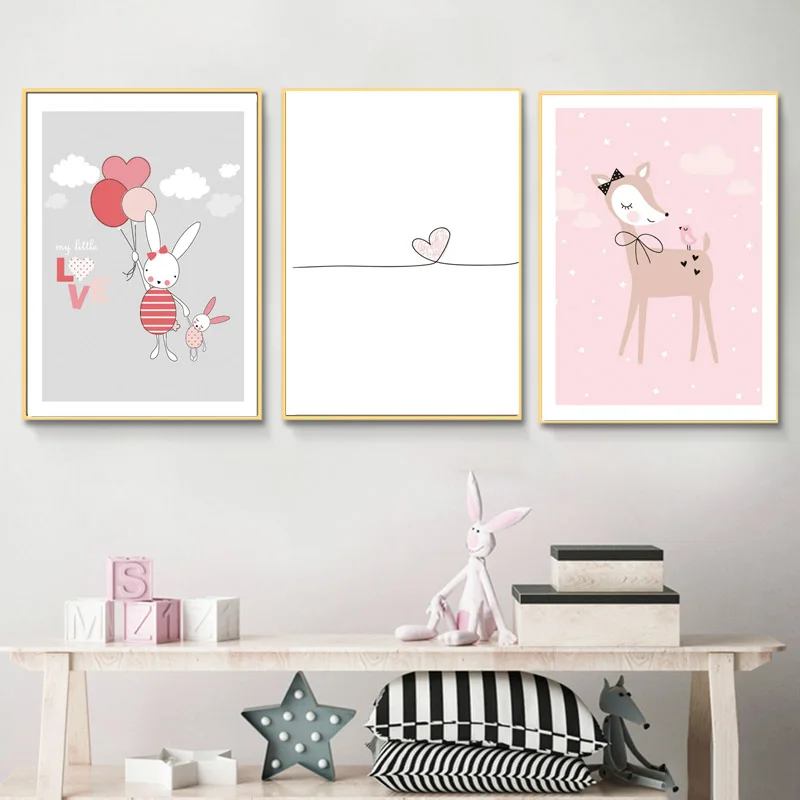 Розовый воздушный шар детский кролик настенный художественный принт мультяшный