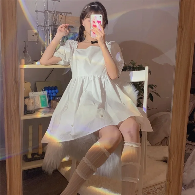 

Japanese New Kawaii Lolita One-piece Sweet Soft Girl Square Collar Puff Sleeve Ruffles Dresses Pearl Temperament Lady Dress