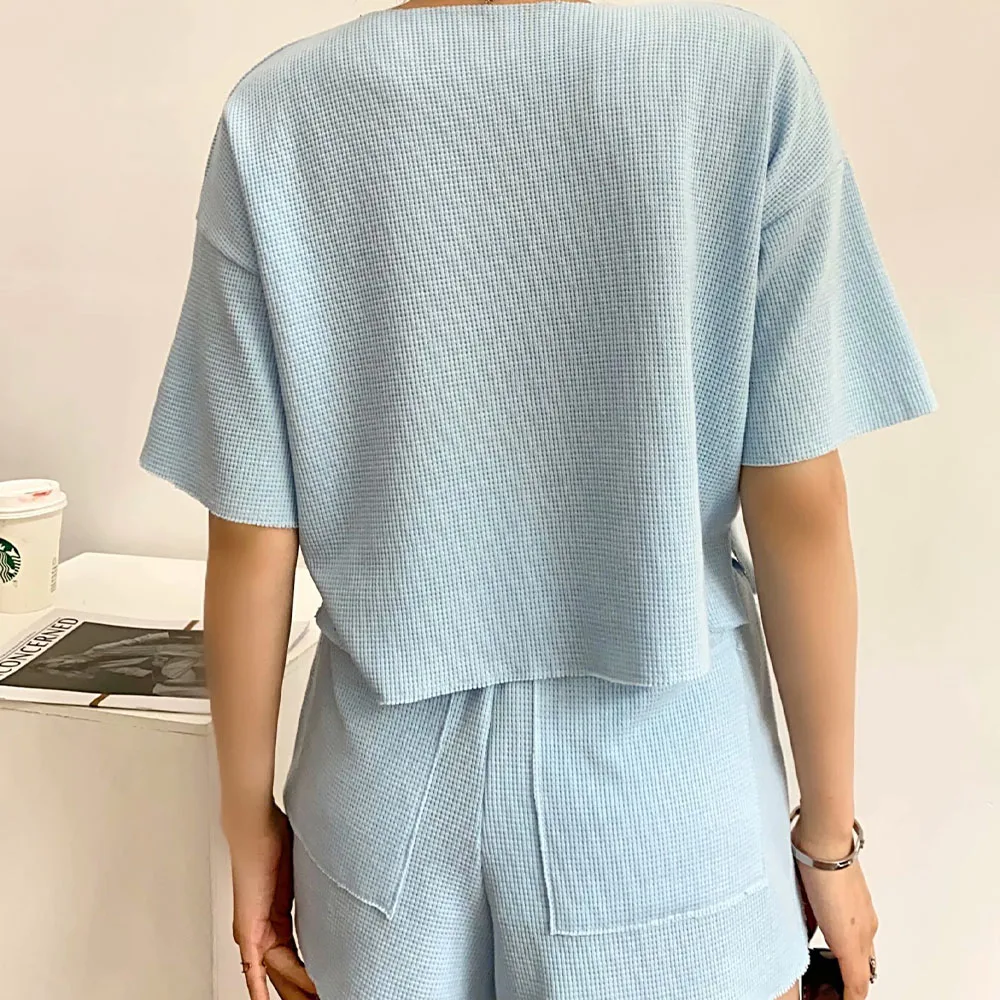 

2021 Summer New Products Women's European and American Waffle Fashion Suit High Waist Loose Short Sleeve T-shirt + Tether Shorts