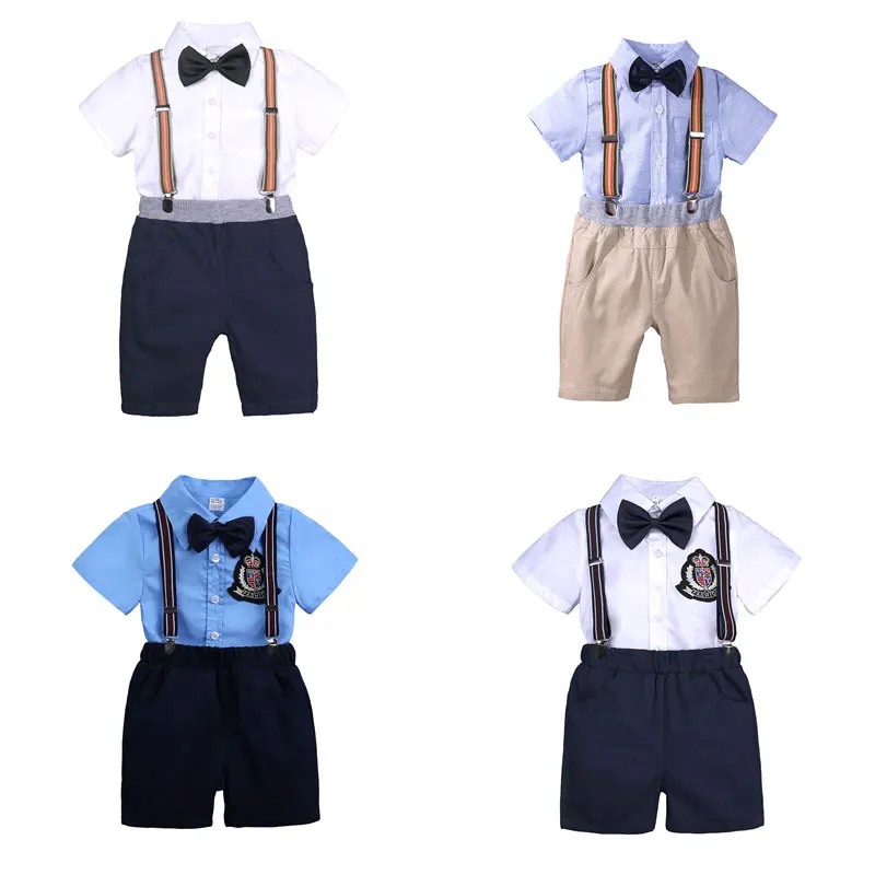 

2 PCS Summer Children Clothing Formal Kids Clothes Set Cotton Toddler Boy Clothes Suit Short Sleeve Bow Tie Shirt+Straps Shorts