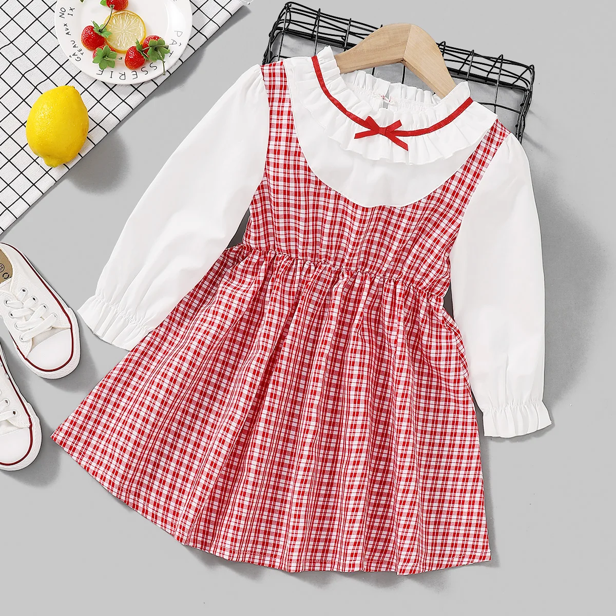 

Children Girl Long Sleeve Dress Spring Autumn Red Plaid Printed Pattern Ruffled Collar One-piece Princess Sweet Dress