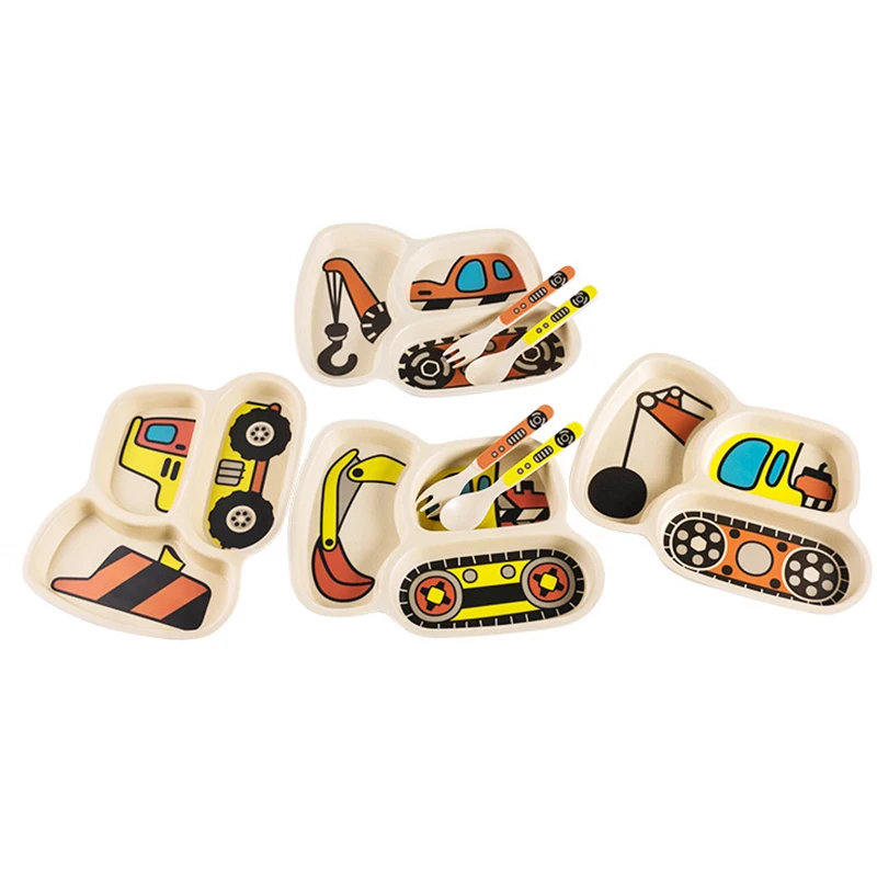 

3pcs/set Natural Bamboo Fiber Dinnerware Baby Dish Tableware Children Cartoon Car Feeding Bowl Dishes Kids With Fork Spoon Plate