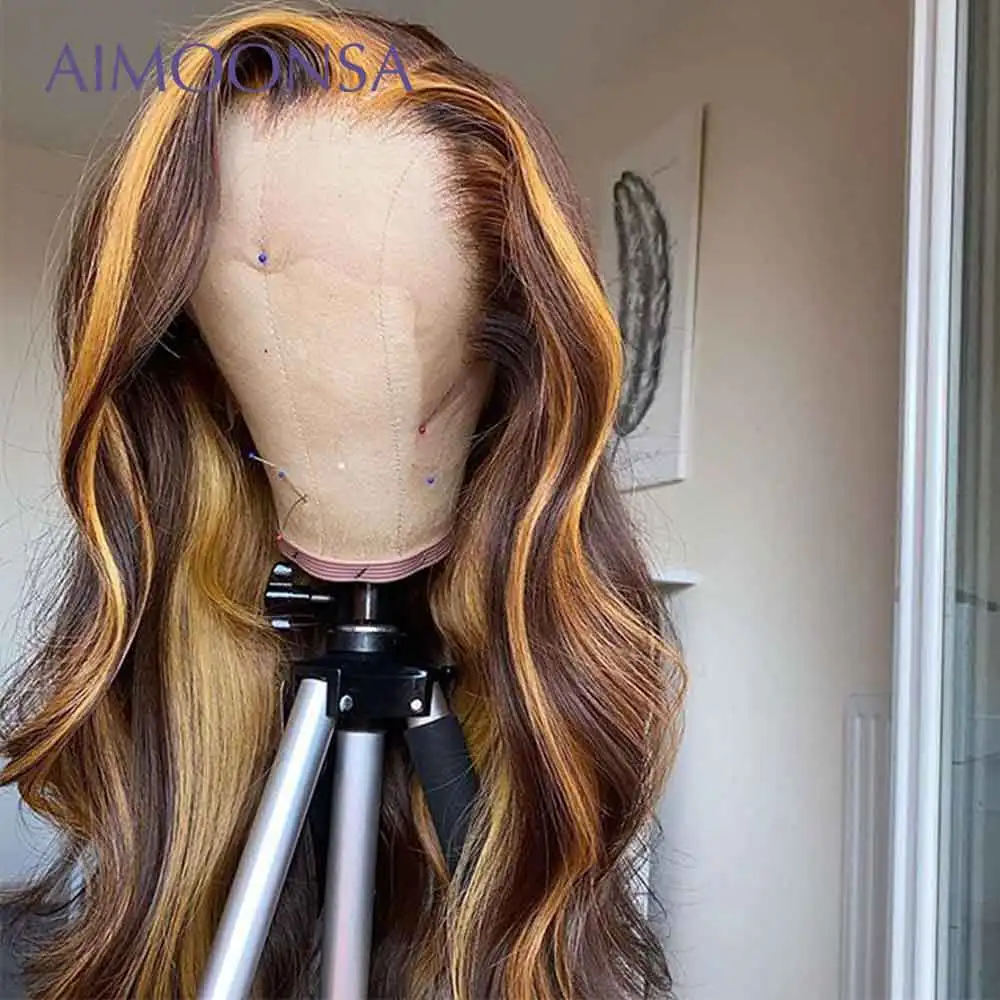 

Brown and Blonde Highlight Wig Highlighted Highlight Lace Front Human Hair Wigs Body Wave Frontal Wig 13x4 Lace 130% Density