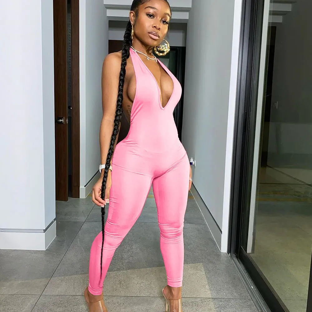 

Sexy V-neck Halter Backless Bodycon Jumpsuit Women Off Shoulder Sleeveless Skinny Night Club Party Rompers Womens Jumpsuit Mono