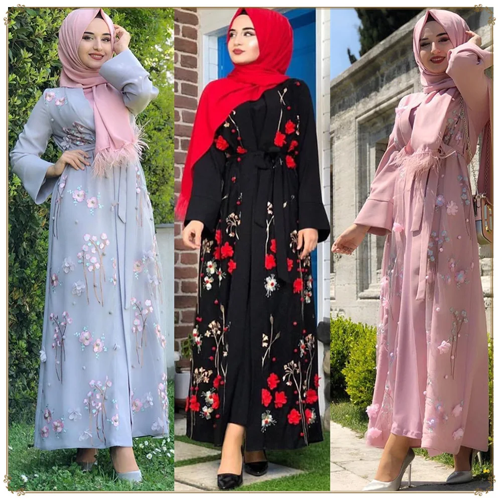 Black Dubai Turkish embroidered small flowery O-Neck Muslim Hijab Dress Kaftan  Islamic Clothing For women Ramadan Dress