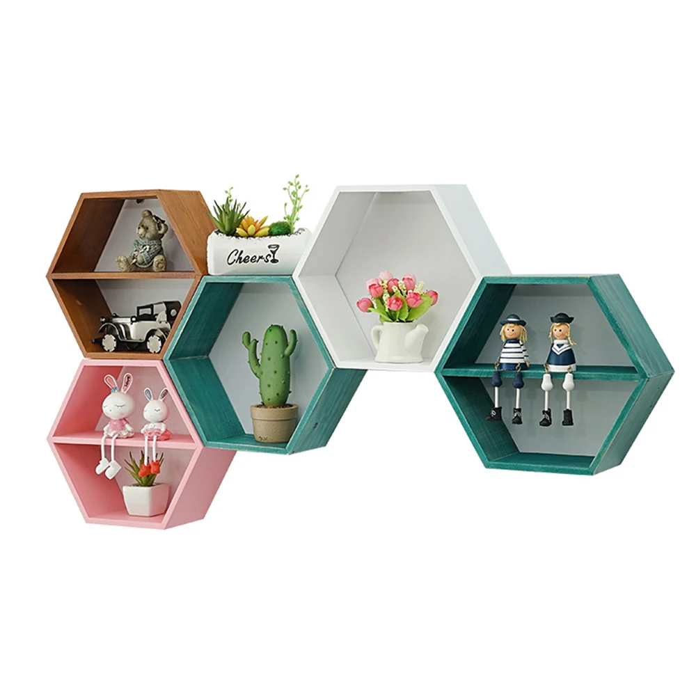 Деревянная шестиугольная полка ABQ настенное крепление Геометрическая