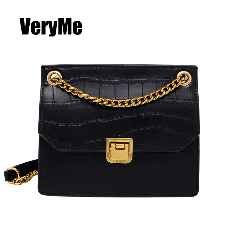 

VeryMe PU Leather Casual Tote For Lady Solid Color Shoulder Female Pack Wild Handbags Womens Chain Stone Pattern Crossbody Bags