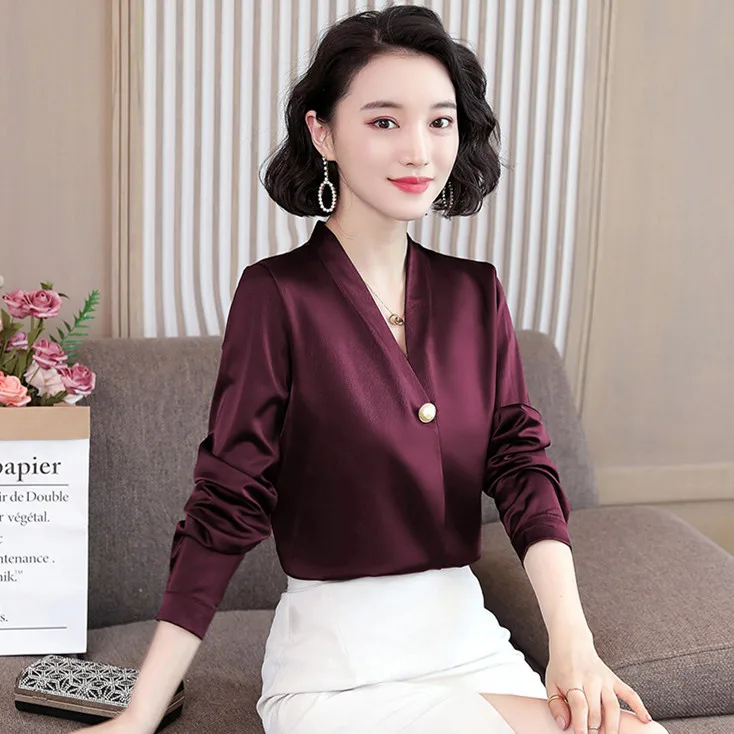 Модные шелковые женские блузки в Корейском стиле атласные розовые рубашки с