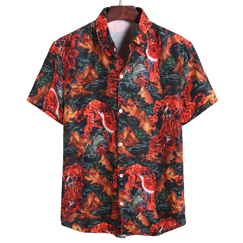 

Модная мужская рубашка с рукавом и принтом тигра, Сексуальная мужская рубашка с цветами, гавайская облегающая Мужская рубашка в гавайском с...