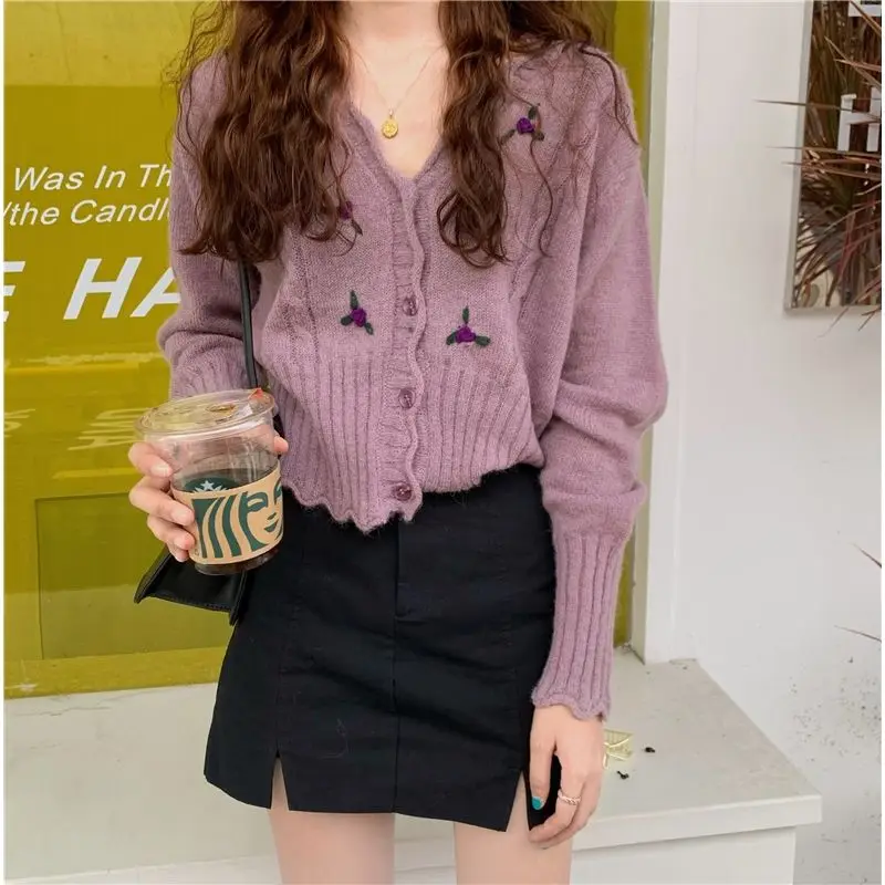 

Knitted Sweater Short Cardigan Women Sweet V-Neck Vintage Long Sleeve Elegant Light Cardigan Korean Women's Clothing Autumn 2021