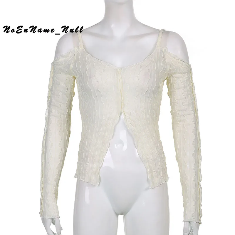 

Autumn sexy corrugated Transparent Mesh perspective split shoulder Long Sleeve T-Shirt Top Women 2021 new women wear crop top