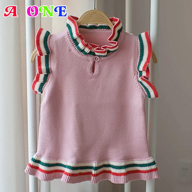 Трикотажный свитер для девочек с рюшами без рукавов на осень/весну/зиму | Мать и