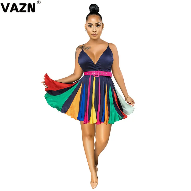 VAZN Striped Print Holiday V-neck A-line Party Street Night Club Sexy Slim Young Dress 2020 Sleeveless dress Lady | Женская одежда