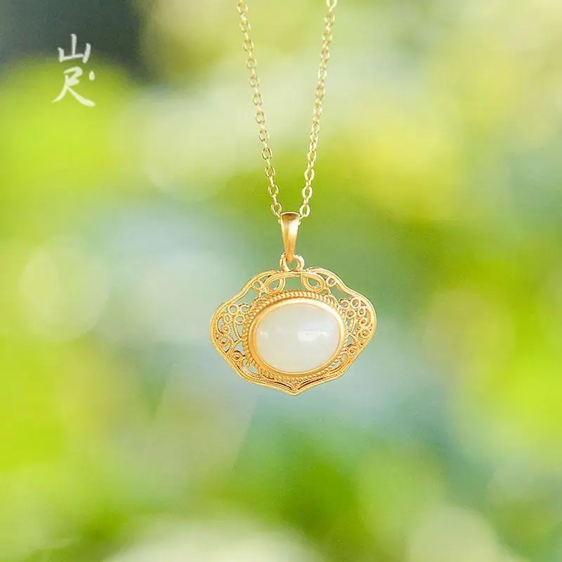 

Original Natural Hetian Jade White Jade Ruyi Pendant 925 Sterling Silver Jade Necklace Classical Gift for Mother..