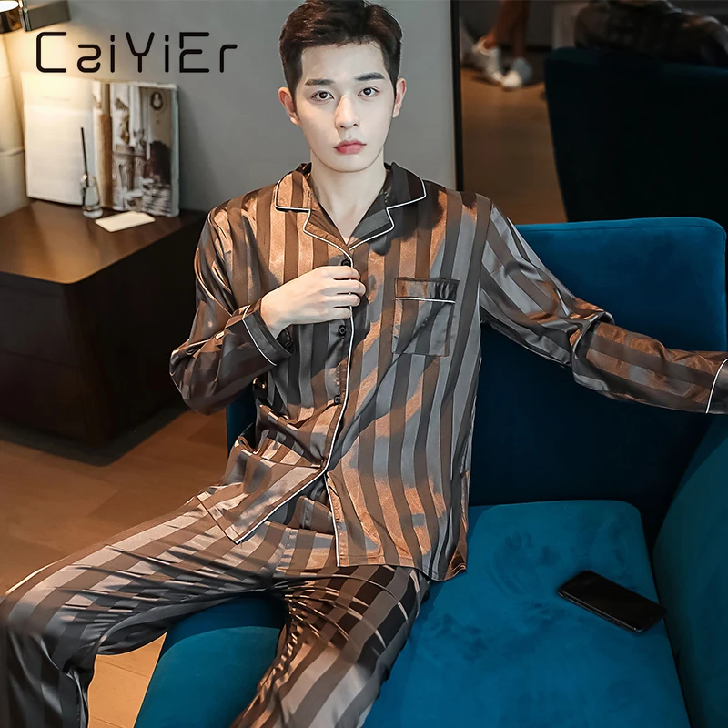 CAIYIER Couples Pajamas Set Women Men Silk Satin Sleepwear Long Sleeve + Pants Nightwear Casual Winter Stripe pyjama Loungewear