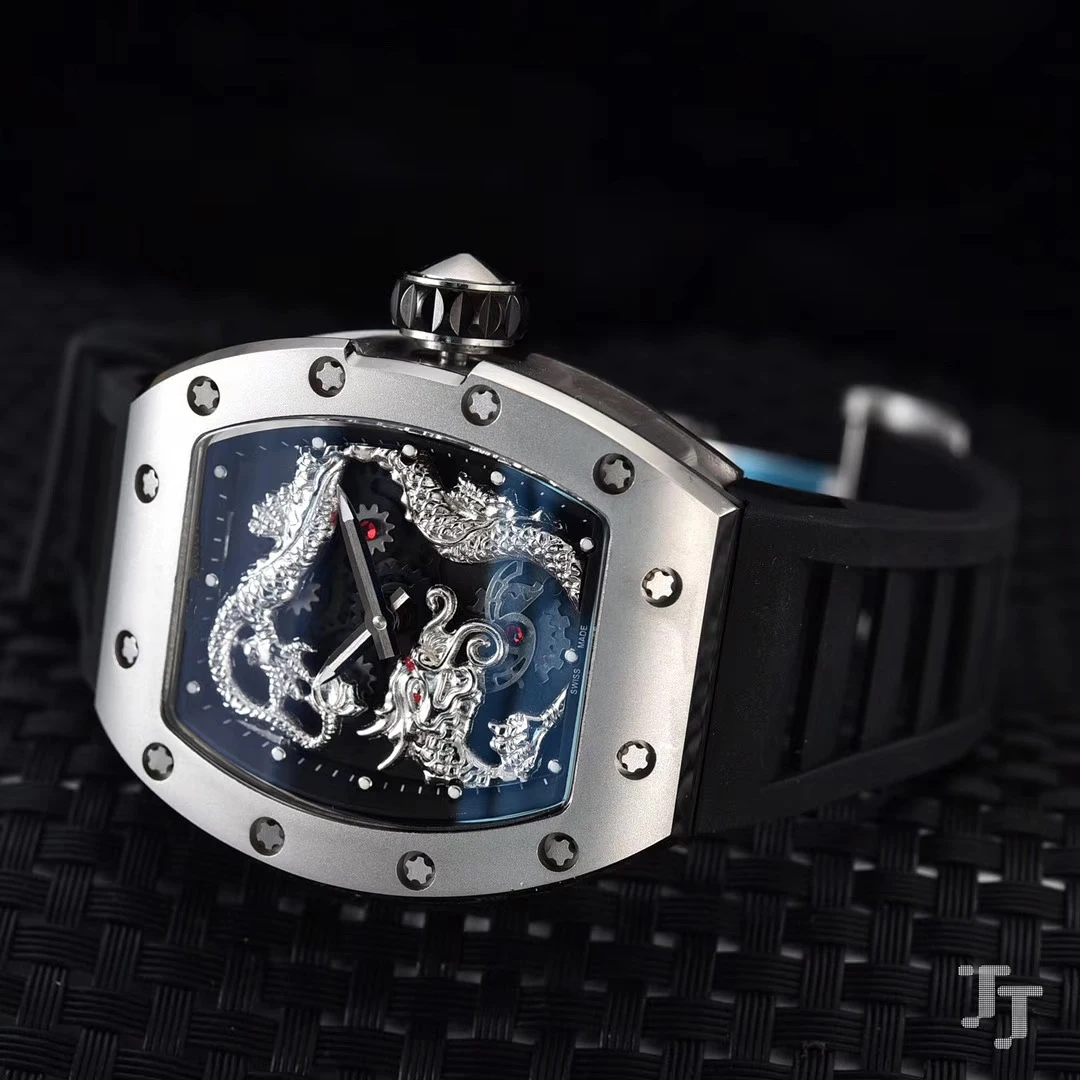 

Classic New Black Blue Red Rubber Silver Men Watch Sapphire Automatic Mechanical Dragon Tourbillion Skeleton Limited Watch