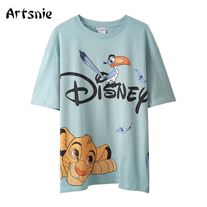 

Artsnie Disney Simba футболка с рисунком для женщин Лето 2021 Круглый вырез короткий рукав оверсайз Топы Femme уличная трикотажная футболка