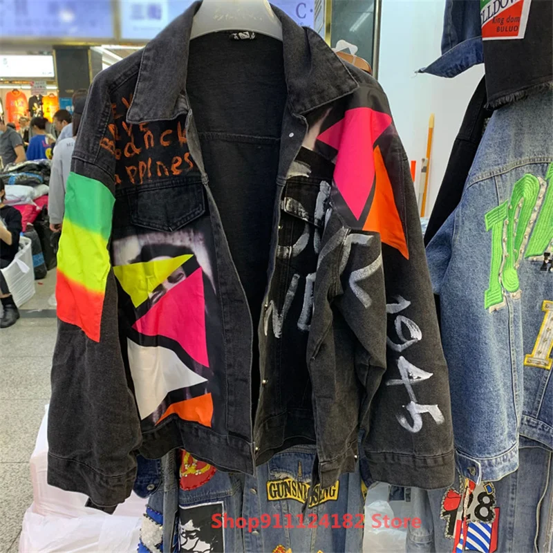

European and American trend hand-painted graffiti patch denim women's spring 2021 new loose fashion trendy brand cardigan jacket