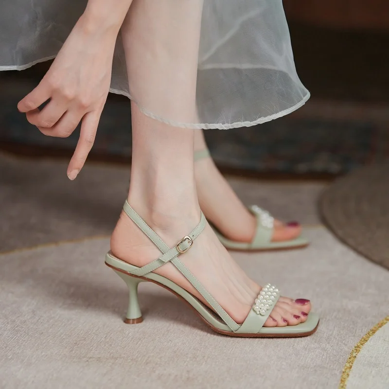 

2021 Pearl Square Toe Sandals Female Fairy Style Summer Green Open Toe High Heels with Stiletto Heel Design Niche Temperament