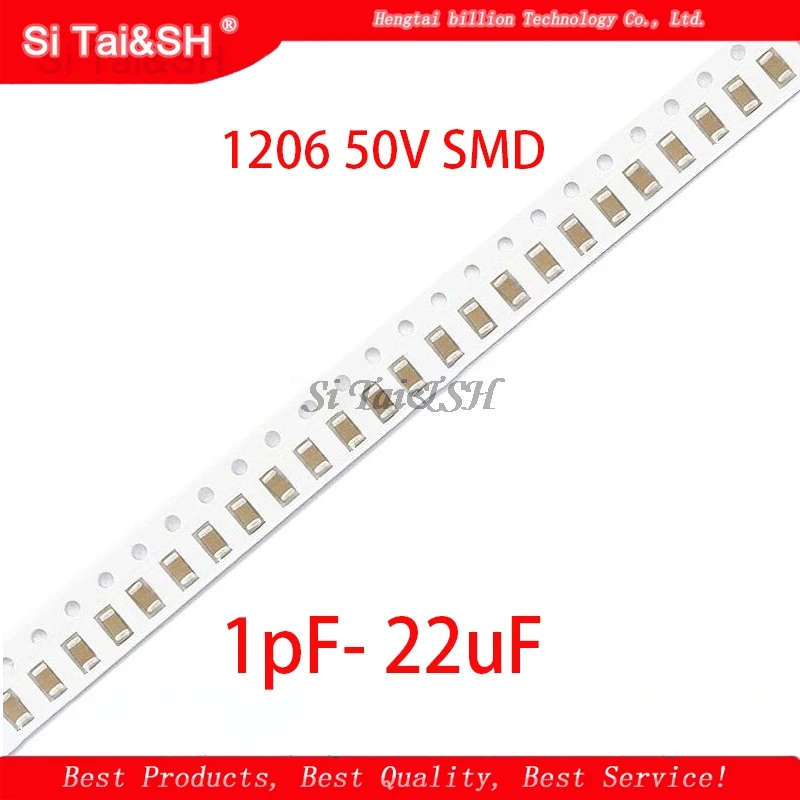 

100pcs 1206 50V SMD Thick Film Chip Multilayer Ceramic Capacitor 1pF- 22uF 10NF 100NF 1UF 2.2UF 4.7UF 10UF 22PF