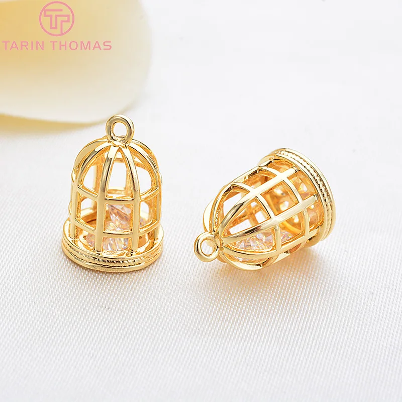 Латунные подвески в виде птичьей клетки с цирконом 6 шт. 12 Х9 мм 24 кар золотистого