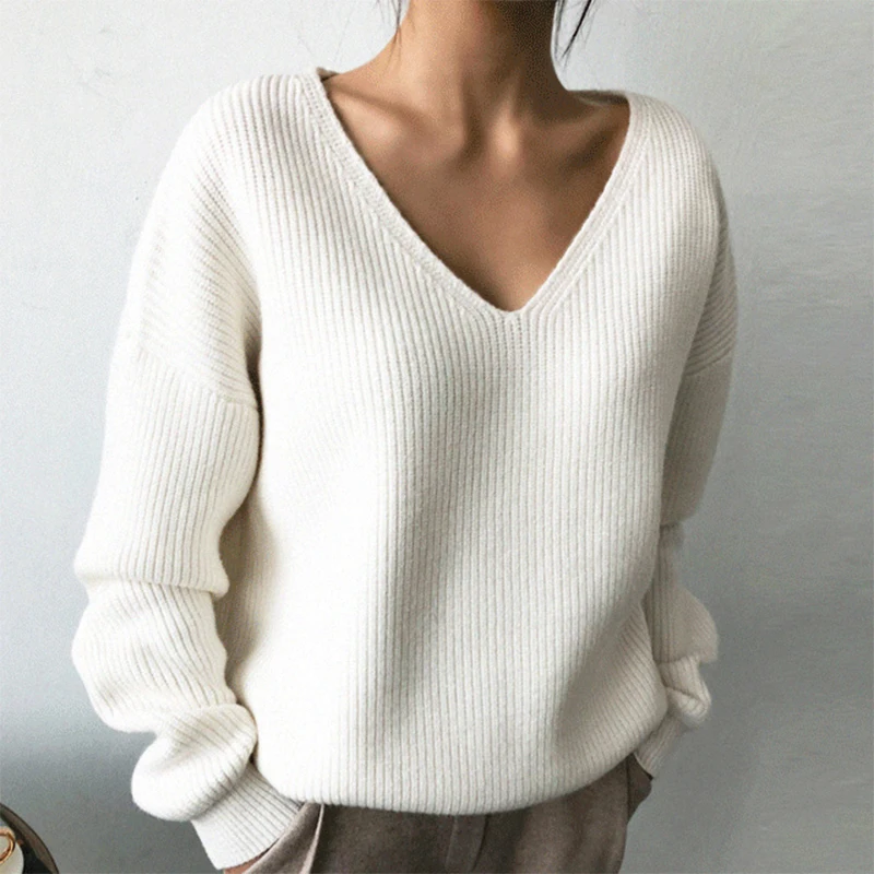 

Irregular V-Neck Knited Sweater Women Long Sleeve Casual Autumn Winter Jumper Loose Elegant Knitwear Pullovers Vintage Warm H137