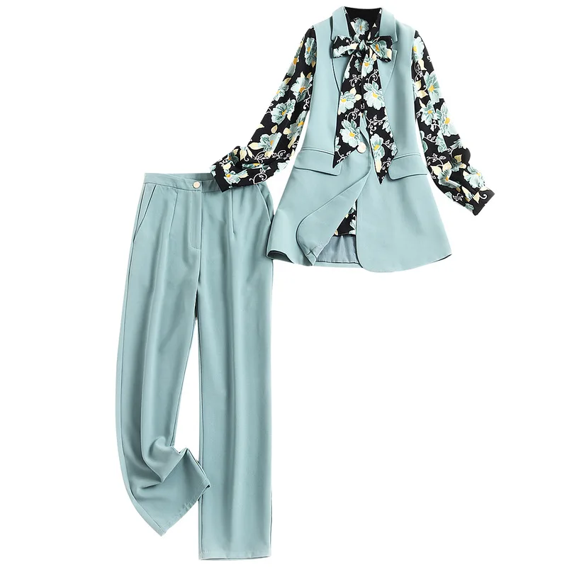 

Three-Piece Set High Quality Women's Fashion Suit 2020 Autumn New Print Shirt +Vest +Pencil Pants Ankle-Length Turn-down Collar