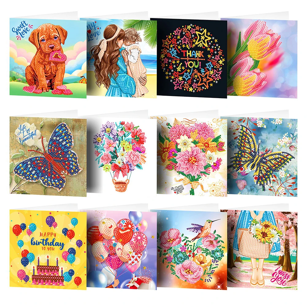 

12pcs Diamond Painting Greeting Cards DIY Mosaic Thanks Birthday Postcards with Envelope Festival Folding Greet Cards Gift