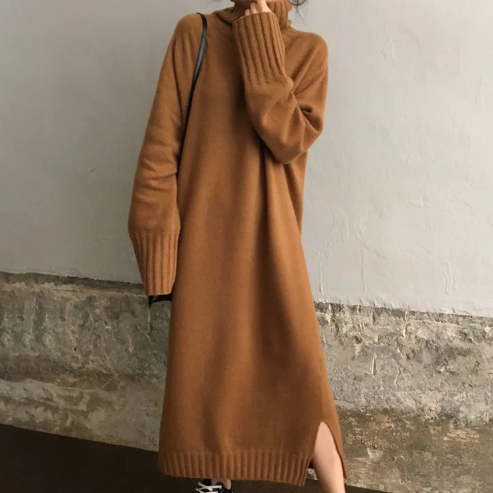 Женское трикотажное платье свитер с высоким воротником корейский Повседневный