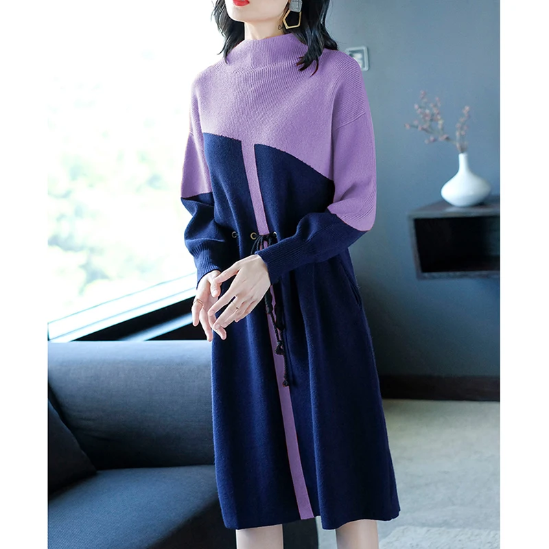 

Autumn Vintage Women Patchwork Wool Sweater Dress 2021 Winter One Size Midi Dresses Elegant Female Turtleneck Knitting Sweater