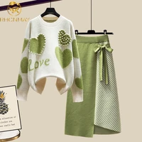 new autumn women sweater skirt sets casual slim beaded love pattern knitted pullovers irregular skirt 2 piece sweater skirt sets