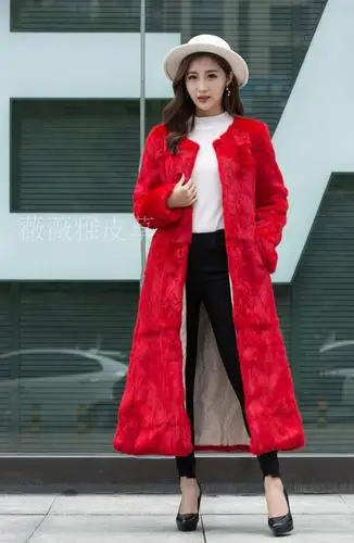 red round collar Очень длинное плотное теплое зимнее пальто До Колена Для Женщин, ветровка из натурального кроличьего меха, парка, длинная до щиколотки, Модная тонкая - Цвет: red round collar