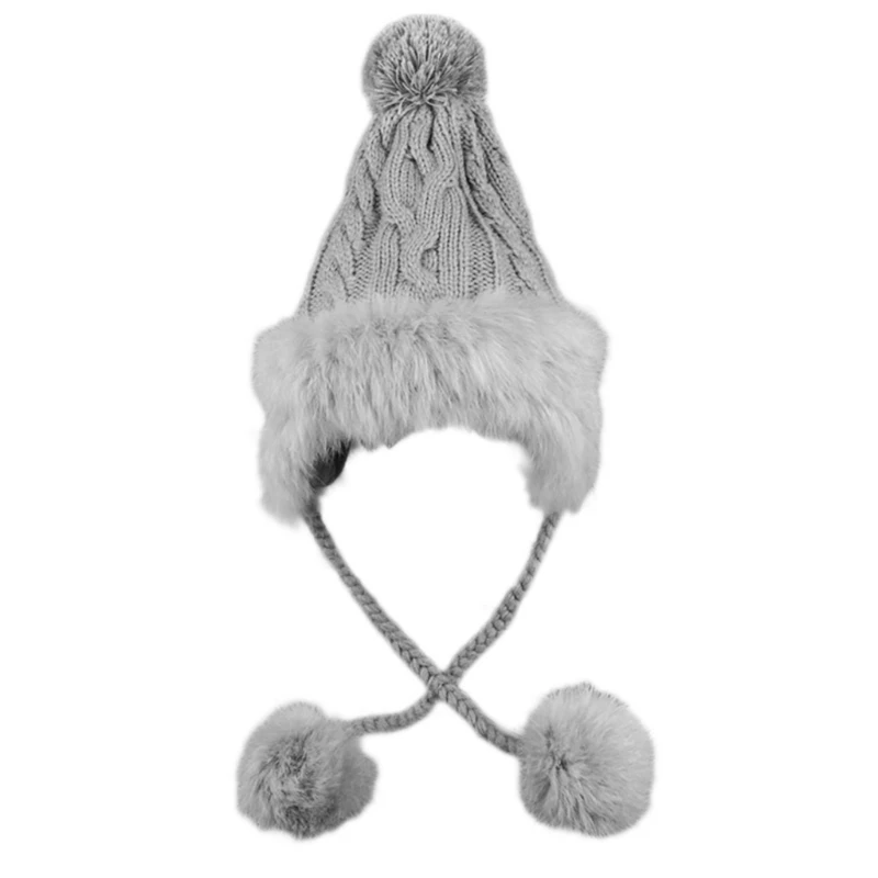 

Women Winter Knitted Trapper Hat Plush Trim Faux Fleece Lined Pompom Earflap Cap M5TE