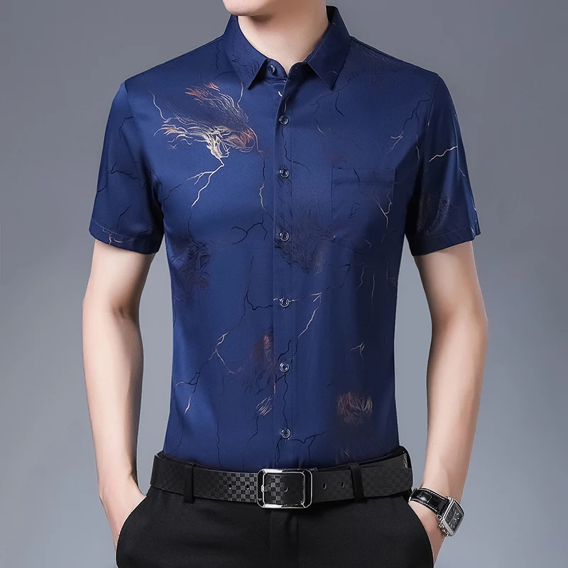 Slim Fit Men's Silk Cotton Summer Short Sleeve Print Shirt - Casual Men's Clothing C739 image 3