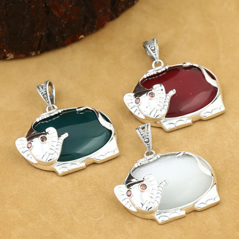 

925 Sterling Silver Jewelry Retro Thai Silver Men And Women Models Elephant Inlaid Opal Green Agate Boutique Pendants