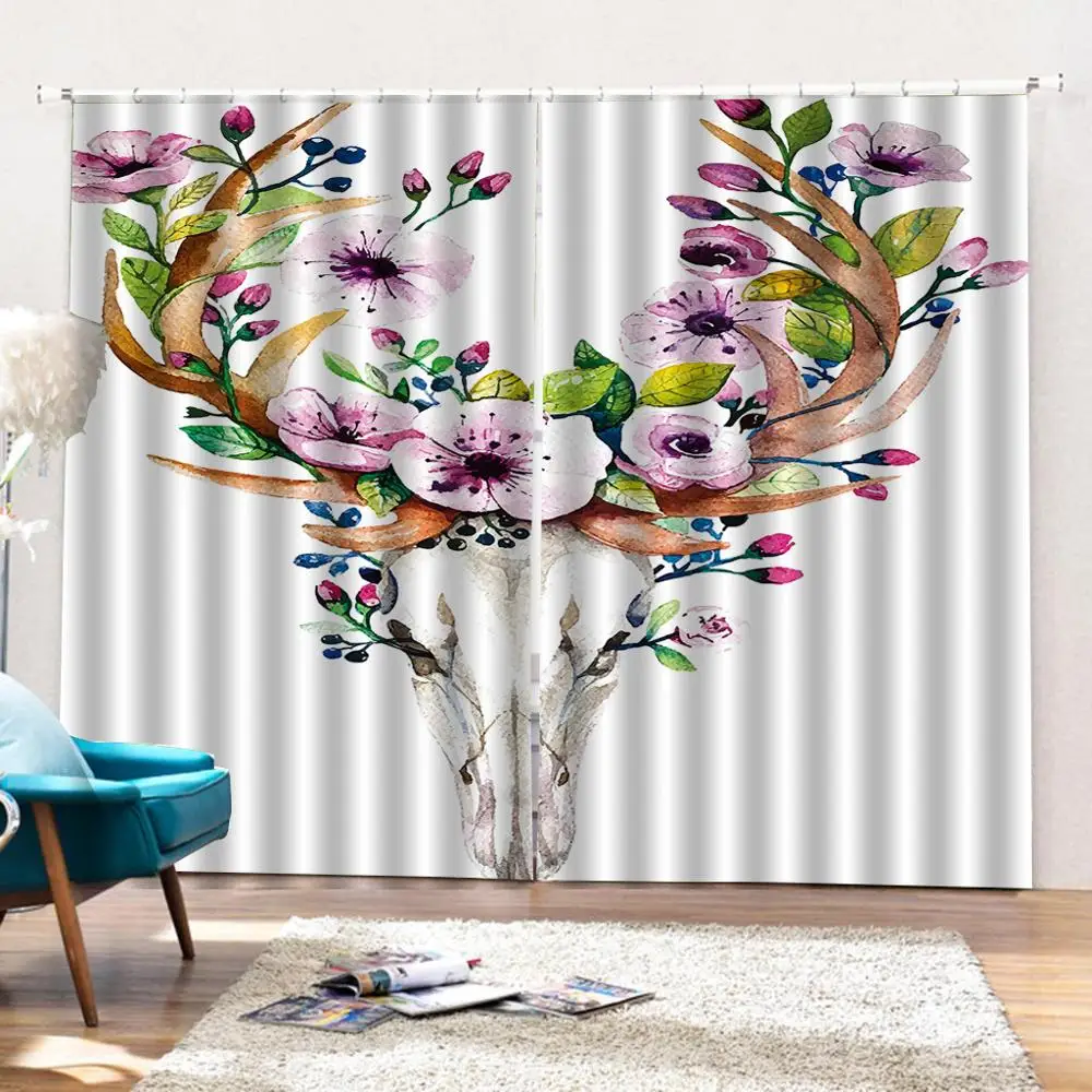 На заказ яркая акварель олень череп Душ шторы цветы олени голова с винтажным