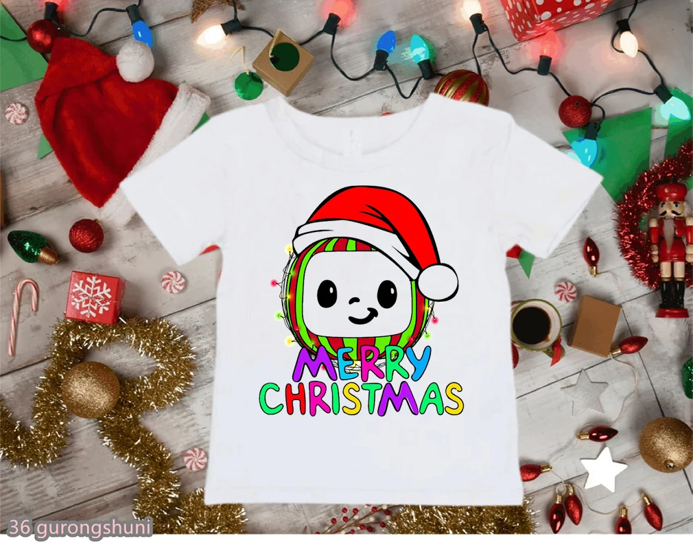 

Rainbow Merry Christmas Cocomelon Print T-Shirt Girls/Boys Happy New Year Kawaii Kids Clothes Harajuku Shirt Streetwear Tshirt