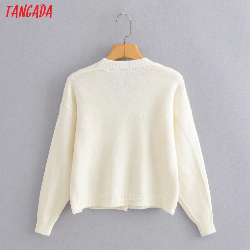

Tangada Women Elegant Twist White Cardigan Vintage Jumper 2021 Female Knitted Cardigan BC184