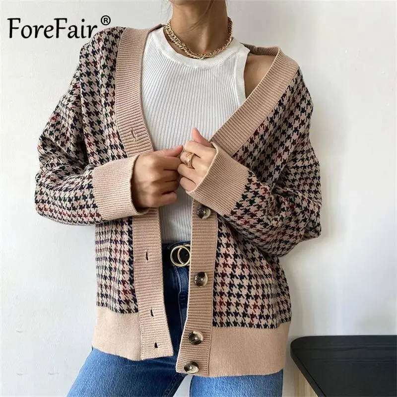 

Forefair 2021 Autumn Winter Houndstooth V Neck Oversized Women Cardigan Fashion Long Sleeve Knitted Casual Party Sweaters