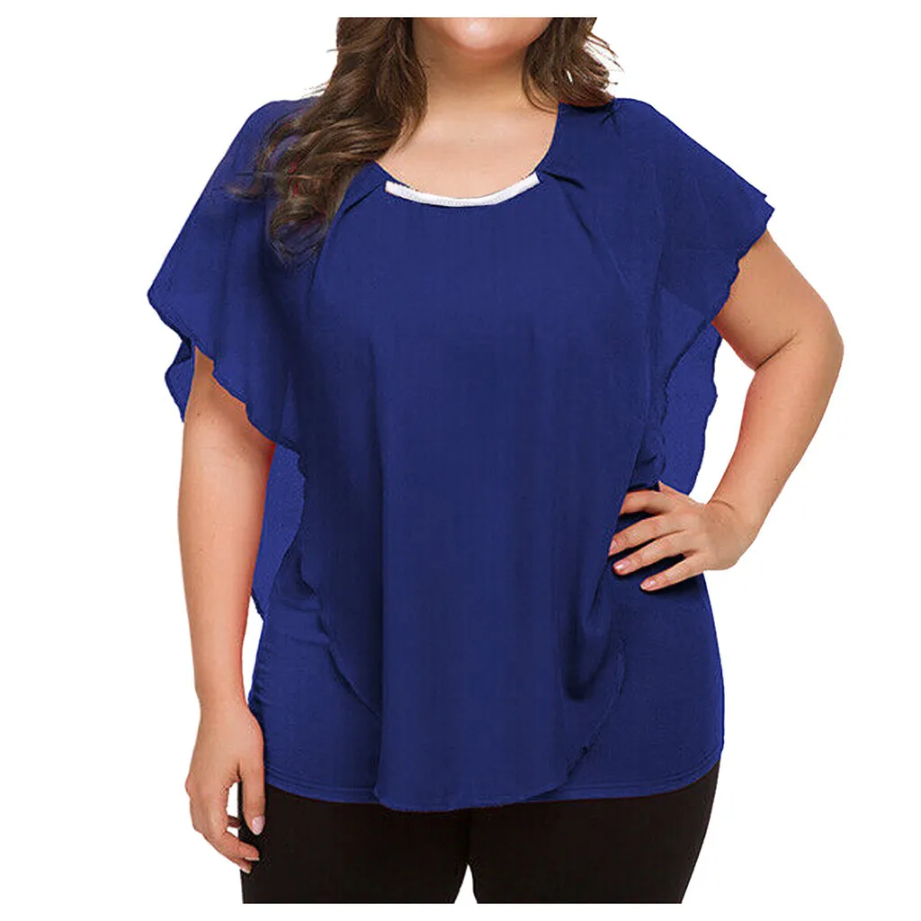Женская футболка размера плюс шифоновая осенняя одноцветная с оборками рукав