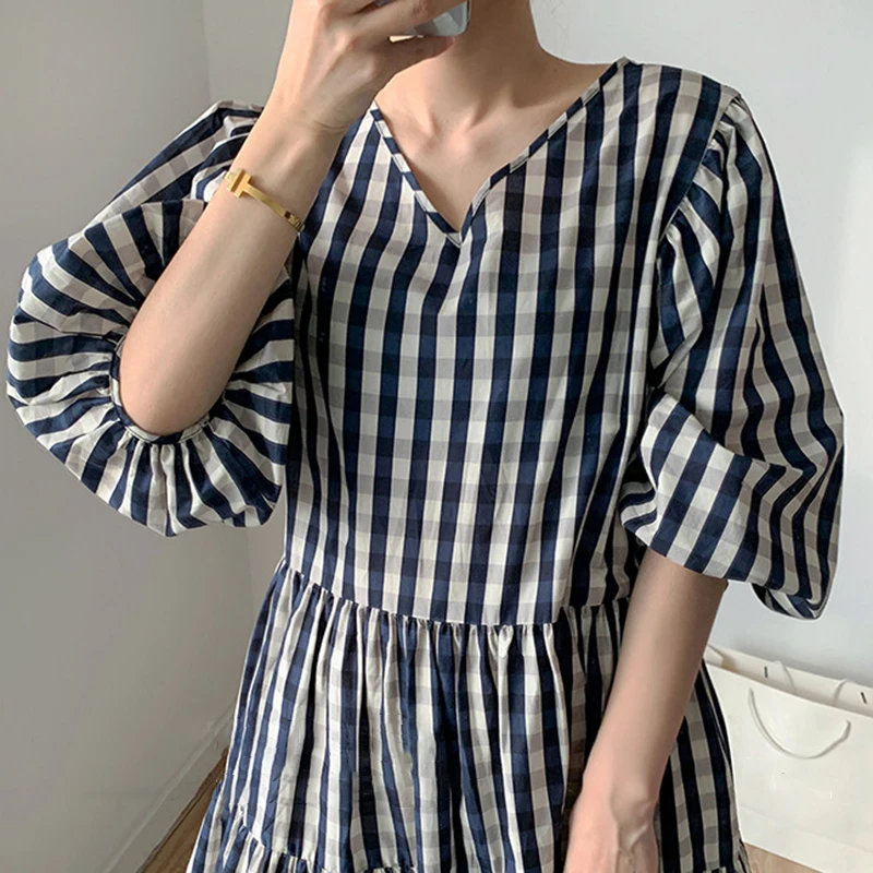 

SISPEEL Print Plaid Dresses For Female V Neck Long Sleeve Puff Short Sleeve High Waist Slimming Ruched Women's Elegant Dress