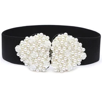women fashion pearl rose flower love buckle belt black white high quality elastic band all match dress coat elastic girdle