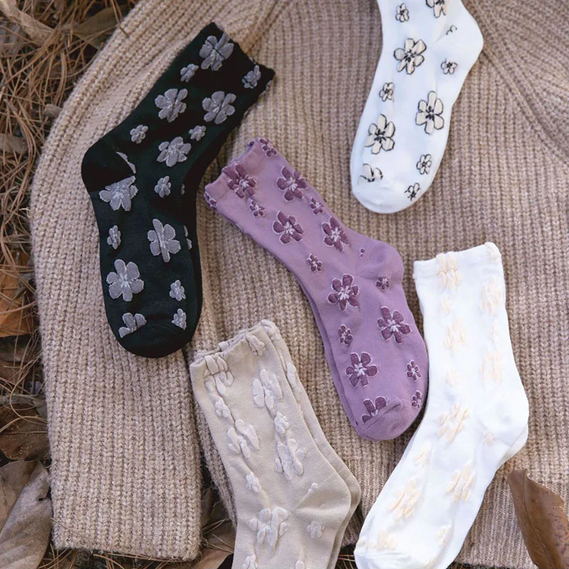 9 Pairs Socks Women Set Autumn Winter Flower Pure Cotton Breathable Soft Girl  Middle Tube High Quality Cute Things   Mori Sweet