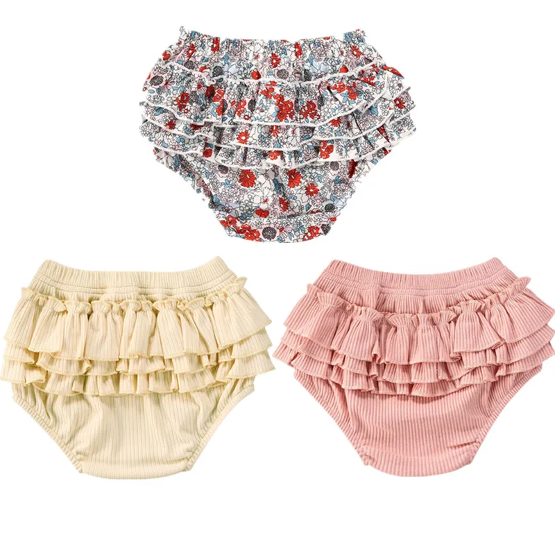 

2020 Baby Summer Clothing Infant Kids Baby Girls Ruffled Ribbed Shorts PP Bottoms Floral Solid Trouser 0-3Years