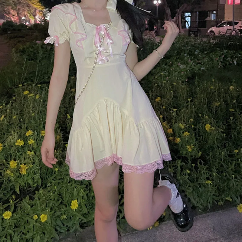

Japanese Kawaii Yellow Princess Dress Summer Sweet Square Collar Puff Sleeve Lace Up Cute Bow A-Line Mini Dresses Women Vestidos
